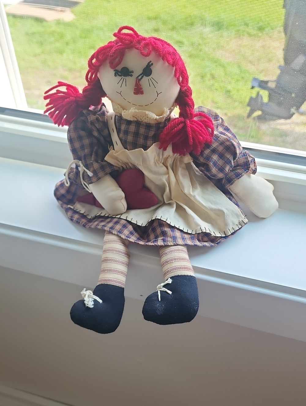 Handmade Red-Haired Rag Doll with Plaid Dress